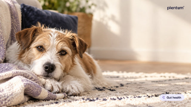 Healthy mixed-breed terrier resting on a sunlit living-room rug with a lavender throw, calm and relaxed