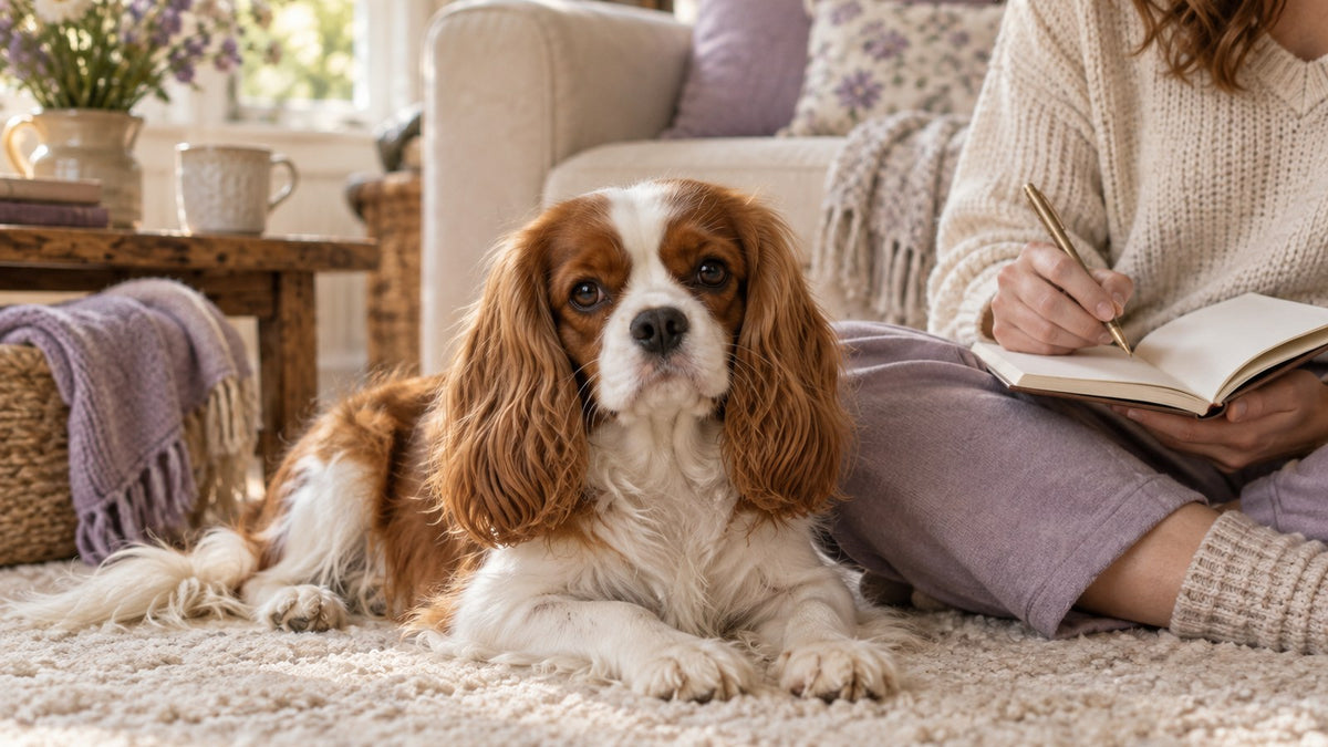 A Cavalier King Charles spaniel lies on a cream rug beside its owner, who writes notes in a small notebook.