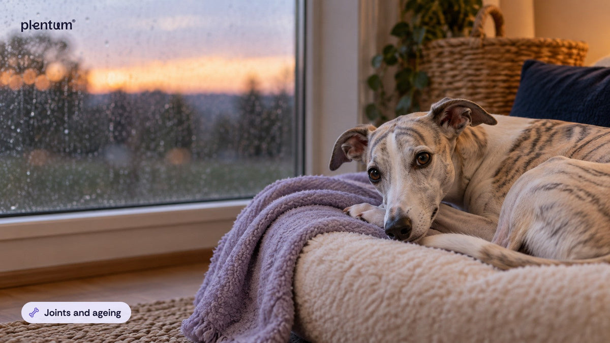 Whippet resting on a cream dog bed by a rain-streaked window at dusk, looking back toward the camera