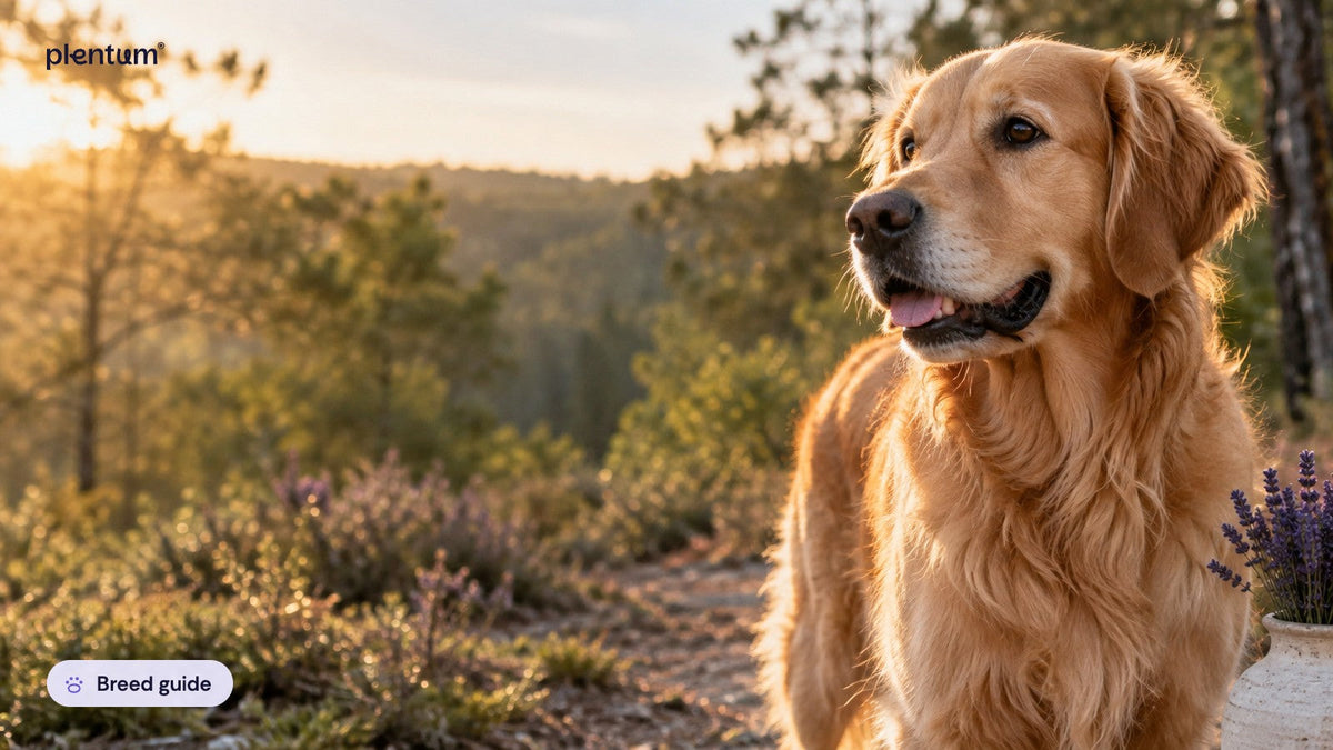 Golden retriever in profile on a sunlit woodland trail at golden hour, looking toward the light