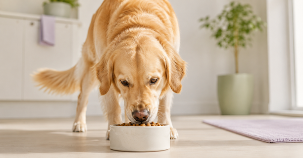 Dog looking at two bowls during a gradual food transition to protect sensitive stomach
