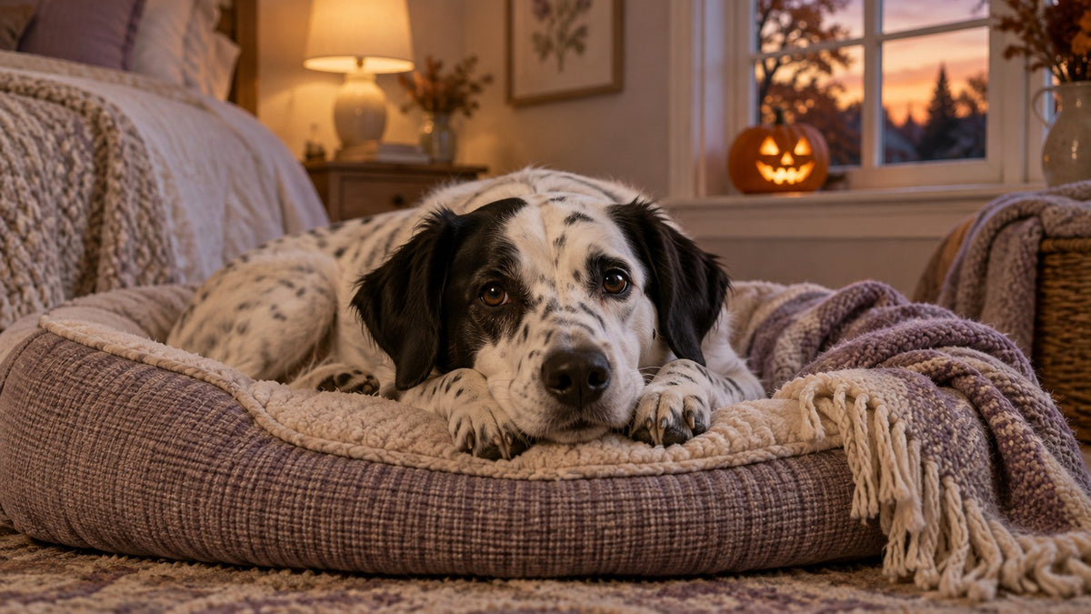 A white dog with black spots rests on a dog bed in a quiet bedroom on an autumn evening with a pumpkin on the sill.