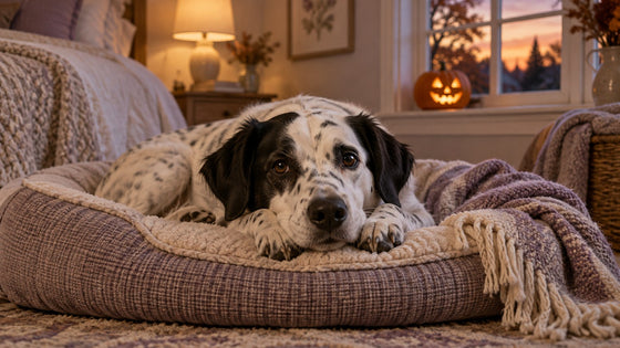 A white dog with black spots rests on a dog bed in a quiet bedroom on an autumn evening with a pumpkin on the sill.