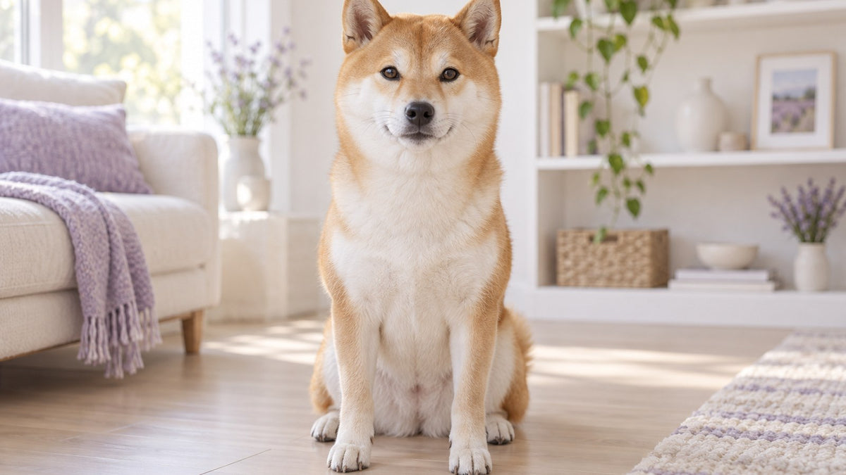 A tan and white Shiba Inu sits calmly on a light wood floor in a bright living room with white shelves.