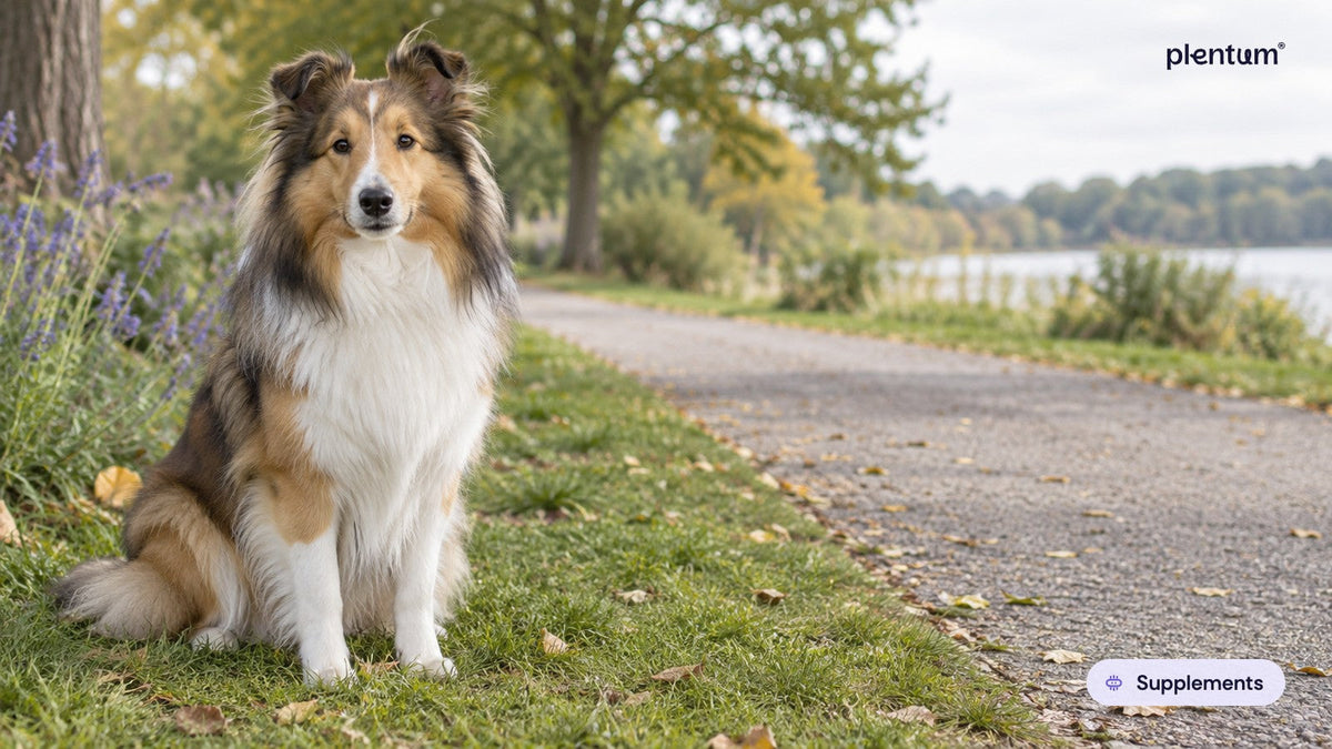 Shetland sheepdog sitting on grass beside a gravel park path with trees and a lake behind