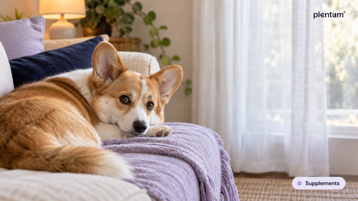 Pembroke corgi resting its head on a lavender throw on a sofa beside a sheer-curtained window