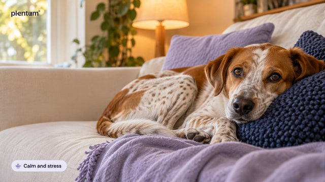 Spotted rust-and-white mixed-breed dog resting its head on a navy cushion on a sofa in lamplight