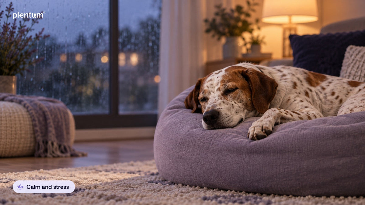 Spotted dog resting on a lavender bean bag in a quiet living room at dusk