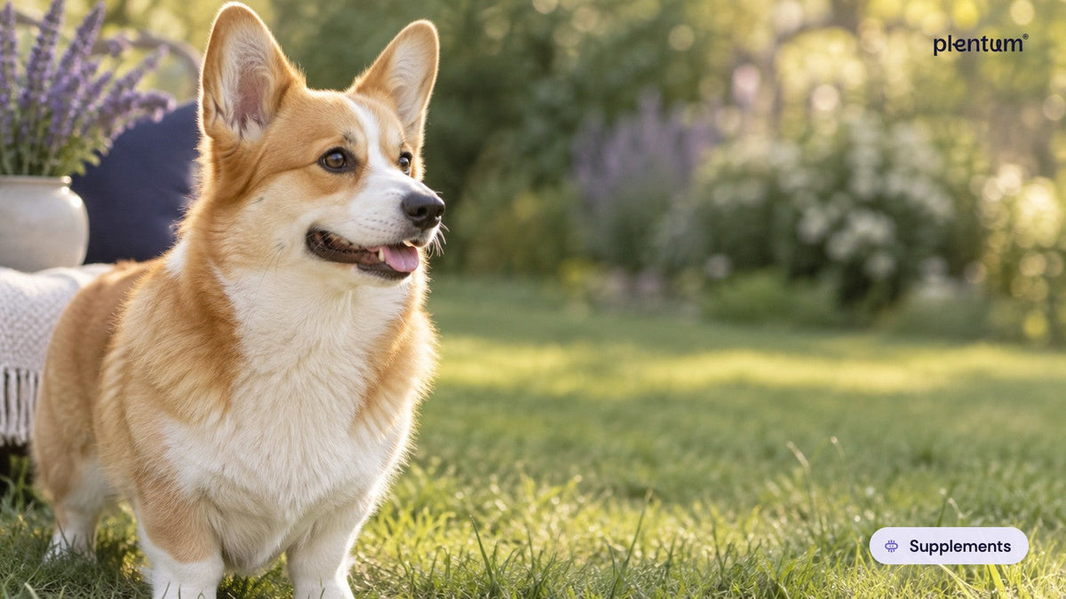 Pembroke corgi standing in profile on a sunlit garden lawn beside a lavender vase