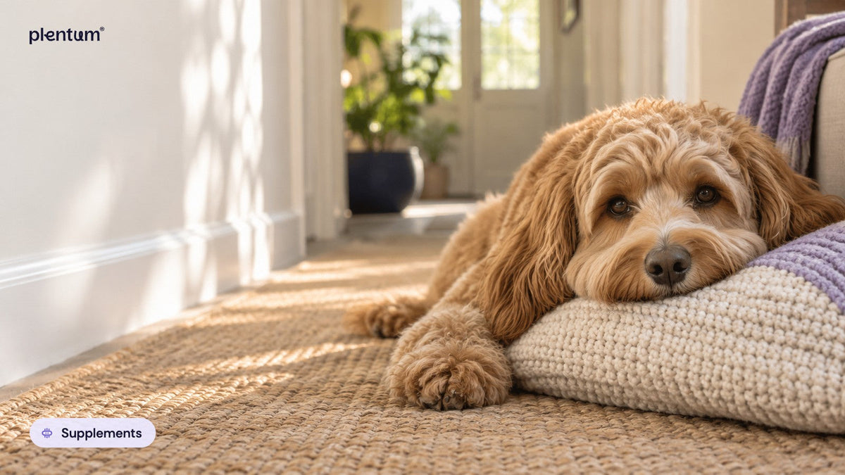 Cockapoo resting its chin on a knitted cushion on a sunlit jute rug in a quiet hallway