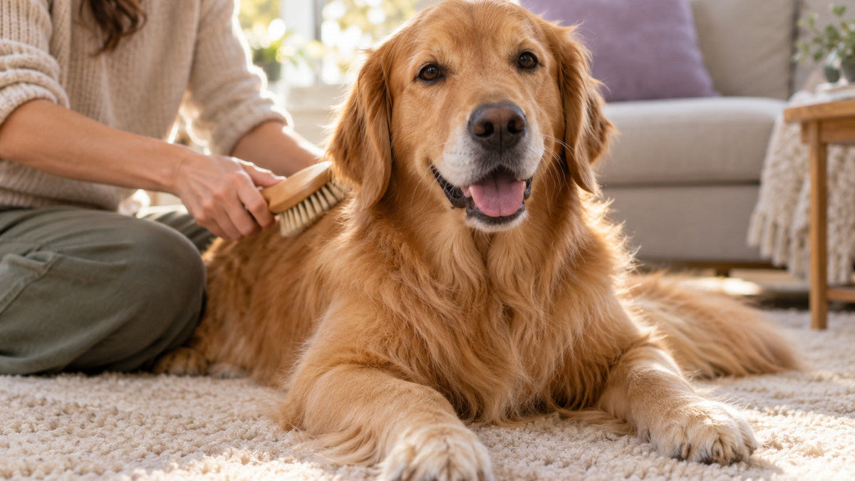 A golden retriever lies on a living room rug while its owner gently brushes its coat.