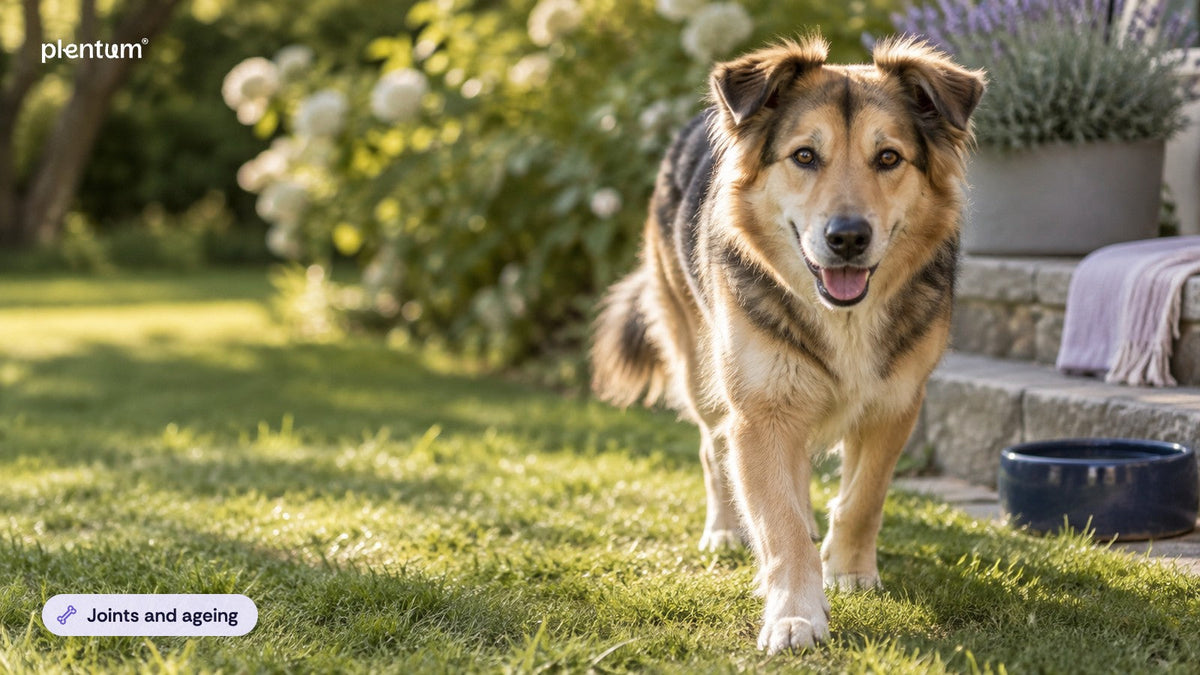 Mixed-breed shepherd walking calmly across a sunlit garden lawn toward a stone patio and planter