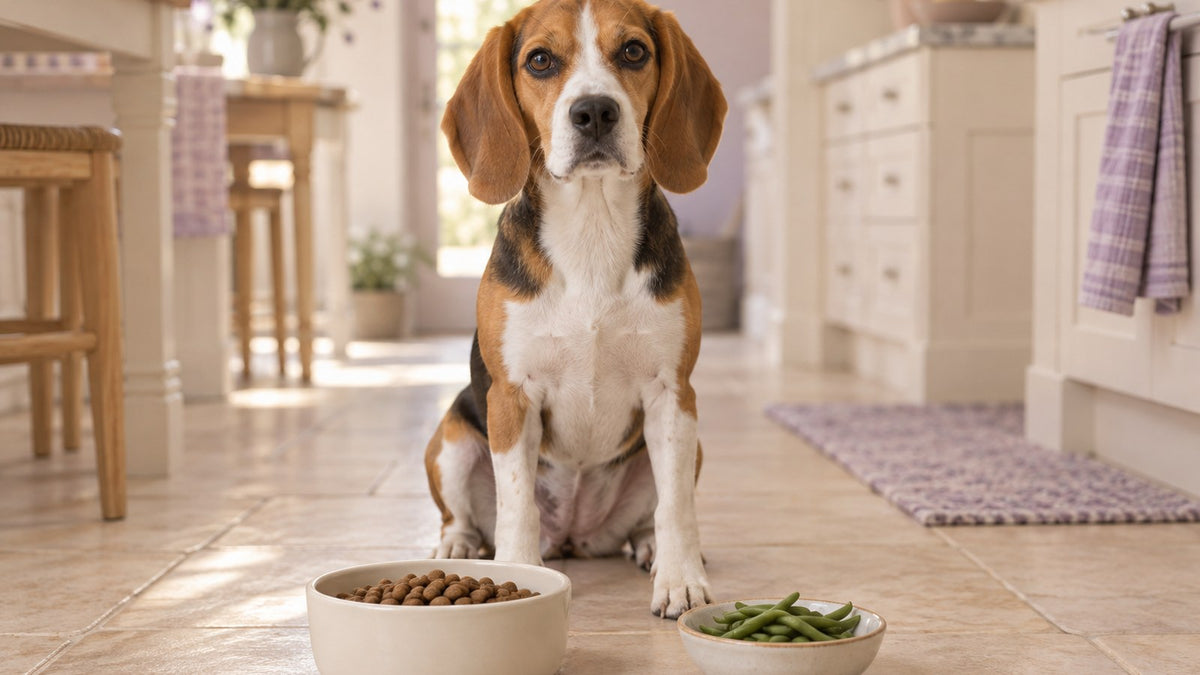 A lean tricolor beagle sits on a cream kitchen floor beside a bowl of kibble and a small dish of green beans.