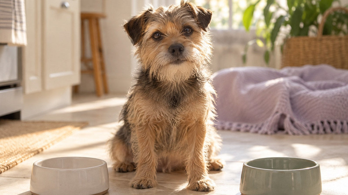 A small scruffy terrier sits between two ceramic bowls on a sunlit cream kitchen floor.