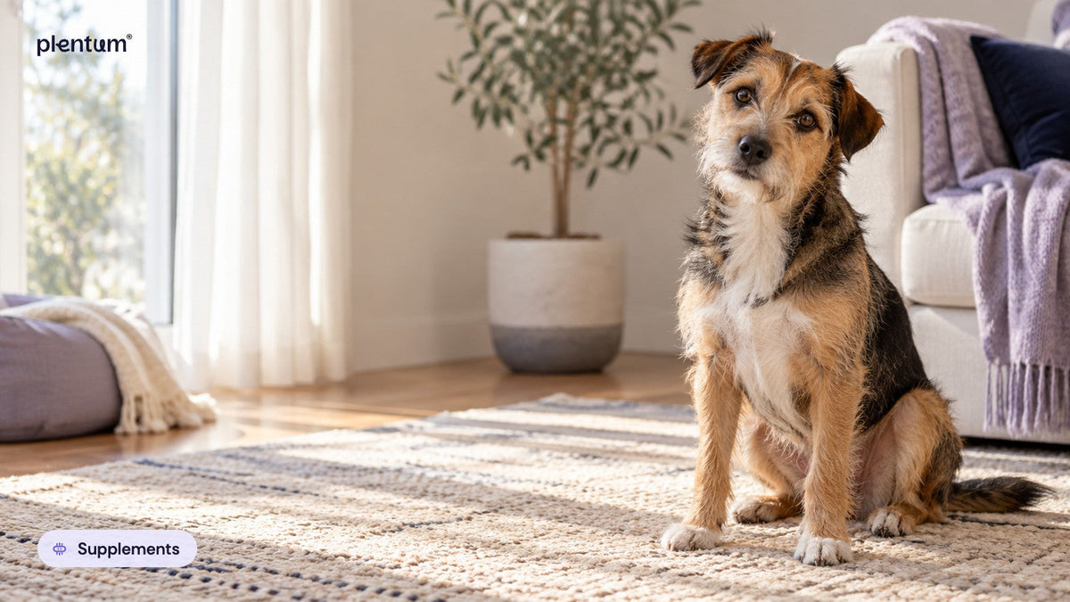 Mixed-breed terrier sitting on a sunlit woven rug with its head tilted in a bright living room