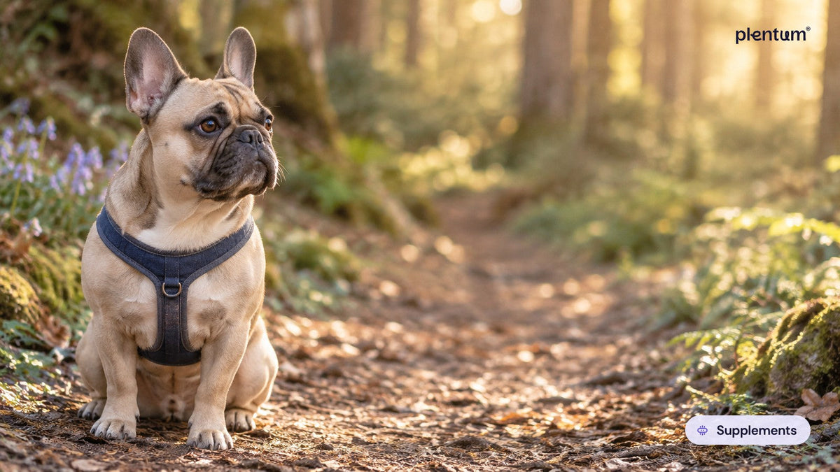 French bulldog sitting calmly on a woodland trail at golden hour, looking to the side with a calm expression