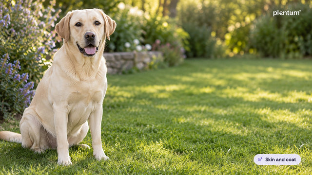 Labrador retriever sitting on a sunlit garden lawn beside lavender and a stone wall border