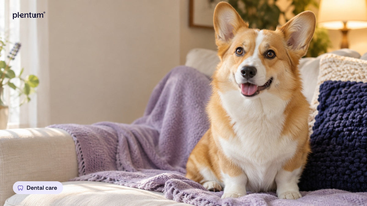 Pembroke corgi sitting upright on a sofa beside a lavender throw, looking attentive in warm lamp light