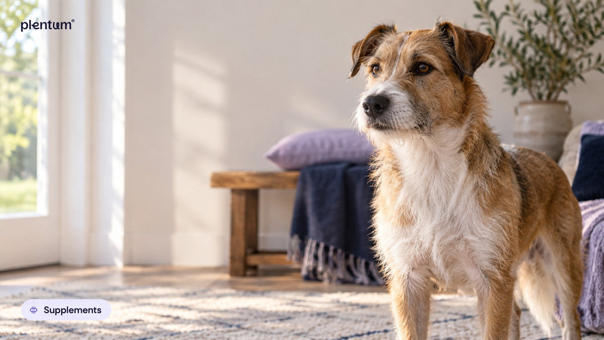 Mixed-breed terrier standing on a sunlit living-room rug, looking toward a bright window