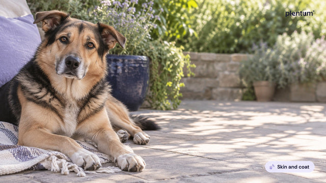 Mixed-breed shepherd resting on a patio rug in dappled shade beside a blue planter