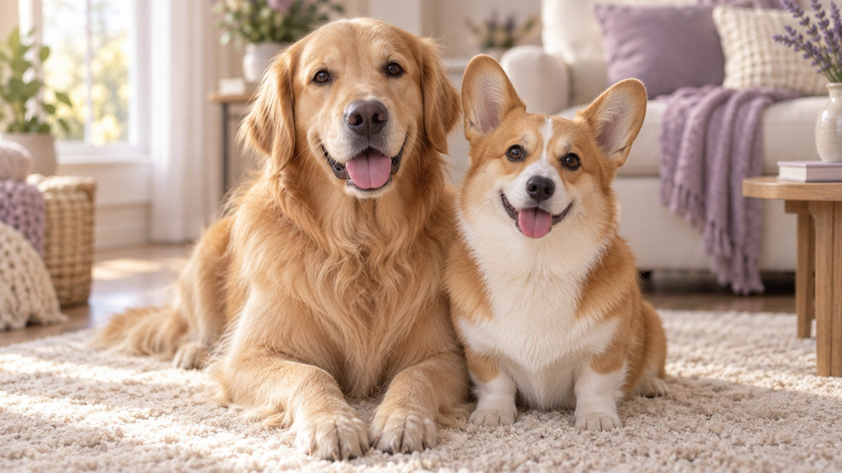 A golden retriever and a Pembroke corgi sit side by side on a cream living room rug in soft window light.