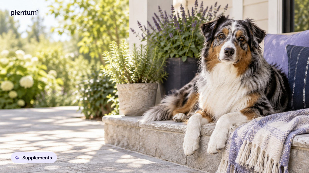 Australian shepherd resting calmly on a sunny porch step beside lavender and herb pots, relaxed and attentive