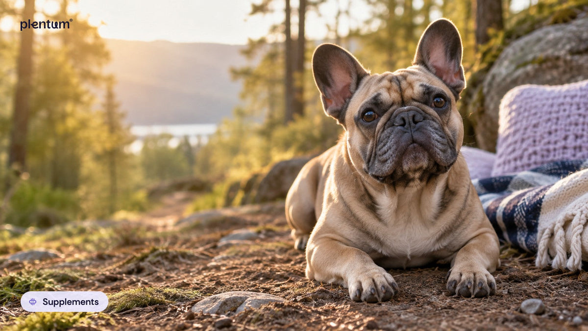 French bulldog lying on a woodland trail at golden hour beside a knitted cushion