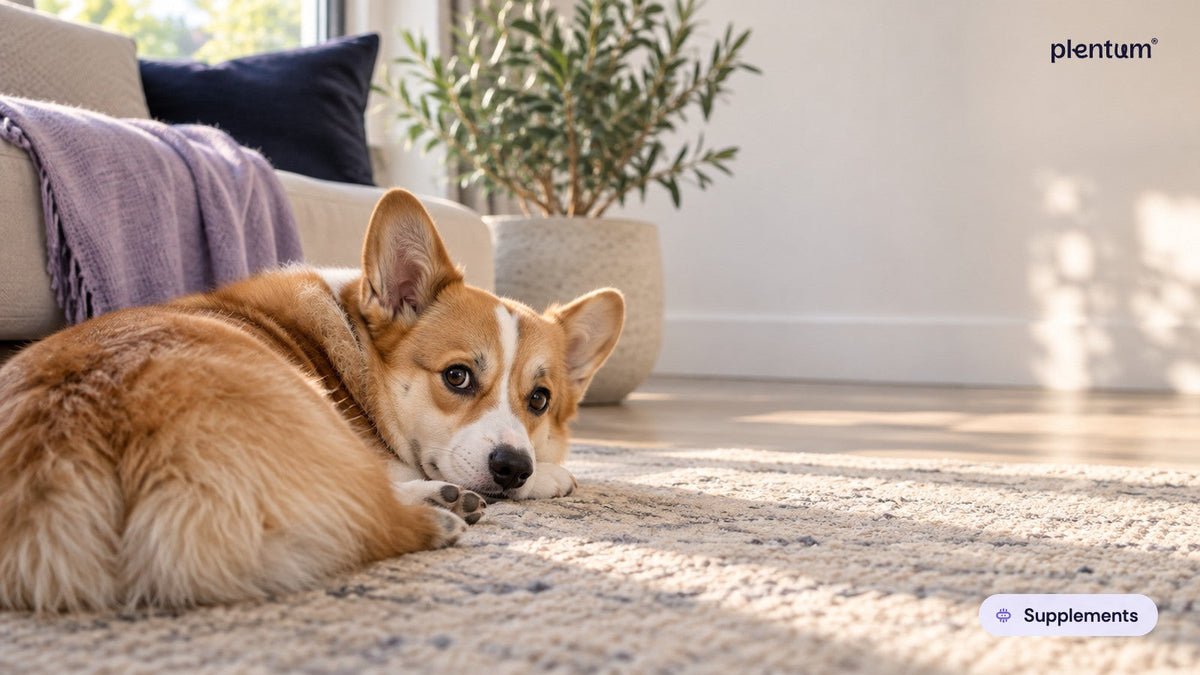 Pembroke corgi lying on a sunlit living-room rug with its head on its paws, beside a sofa and olive plant