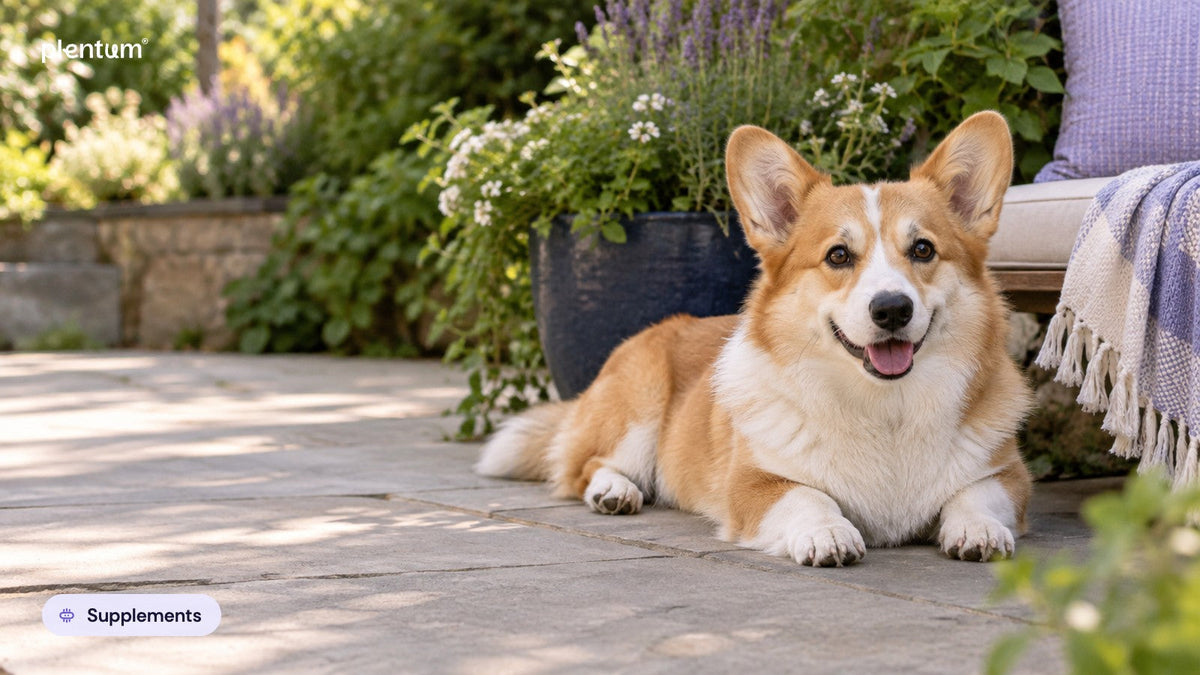Pembroke corgi lying on a stone patio beside a dark blue planter of white flowers and lavender