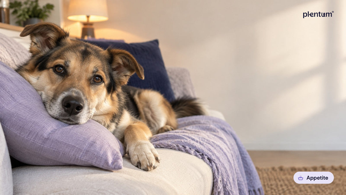 Mixed-breed shepherd resting its head on a lavender cushion on a cream sofa beside a warm lamp