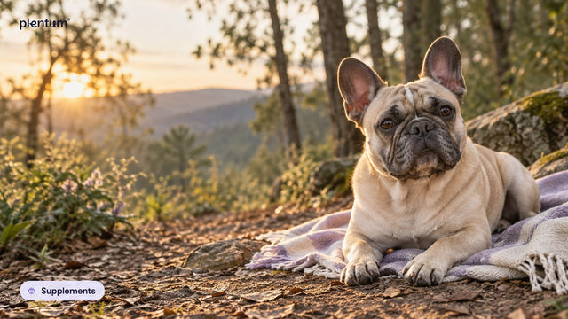 Calm French bulldog resting on a plaid blanket on a woodland trail at golden hour