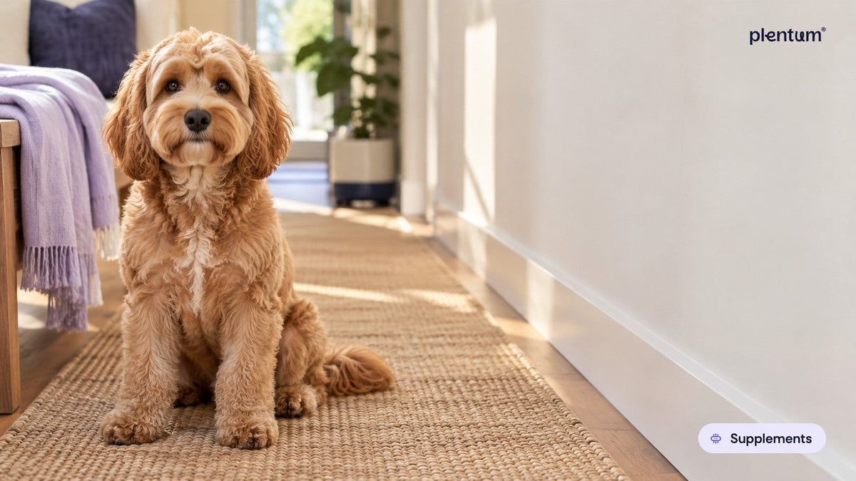 Cockapoo sitting alert on a woven hallway runner beside a plain white wall in soft morning light