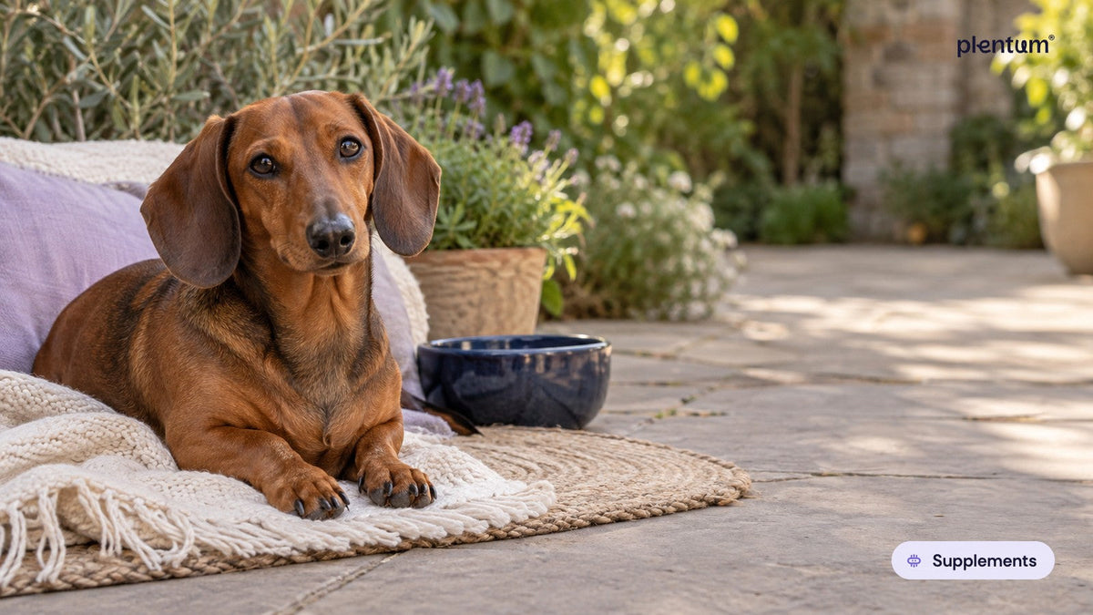 Dachshund resting calmly on a woven mat on a sunny garden patio beside a navy water bowl