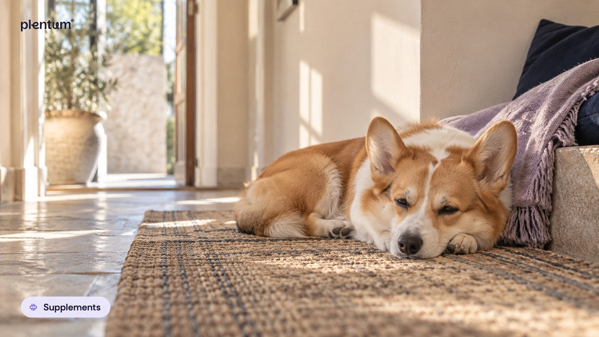 Pembroke corgi dozing on a sunlit hallway rug with its head resting on its paws beside a cream wall