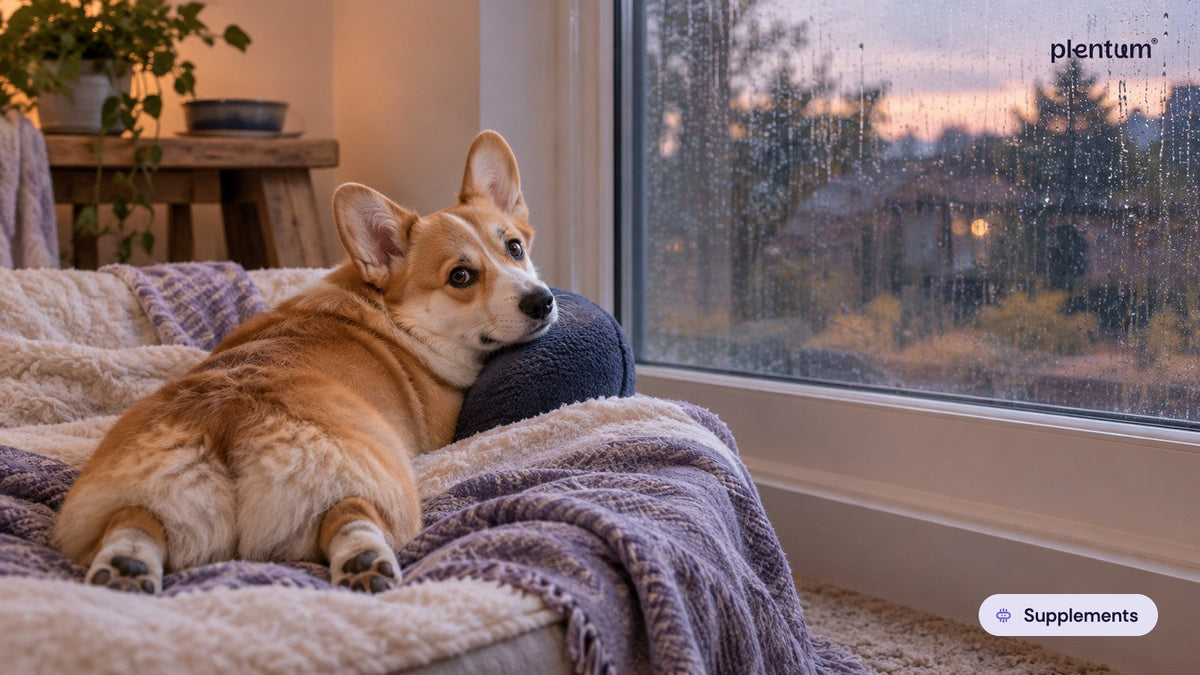 Pembroke corgi resting on a blanket and looking back over its shoulder by a rain-streaked window at dusk