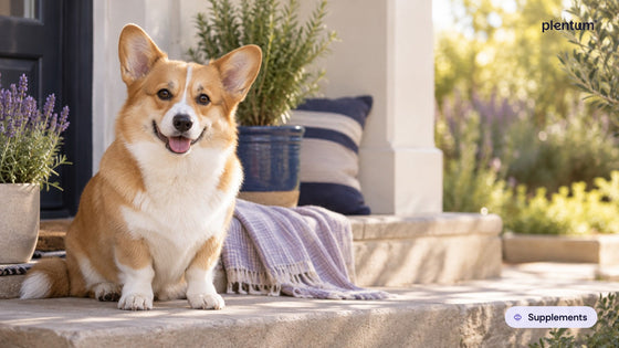 Pembroke corgi sitting on a sunny porch step beside potted herbs and a lavender throw