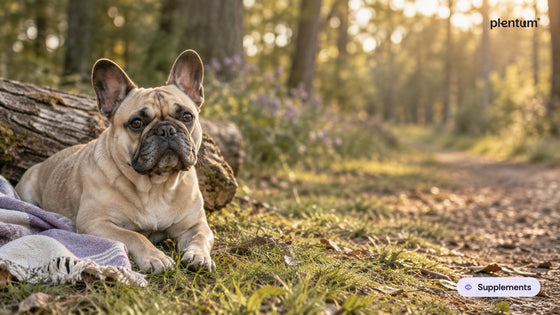 French bulldog resting on soft grass beside a fallen log on a woodland trail at golden hour
