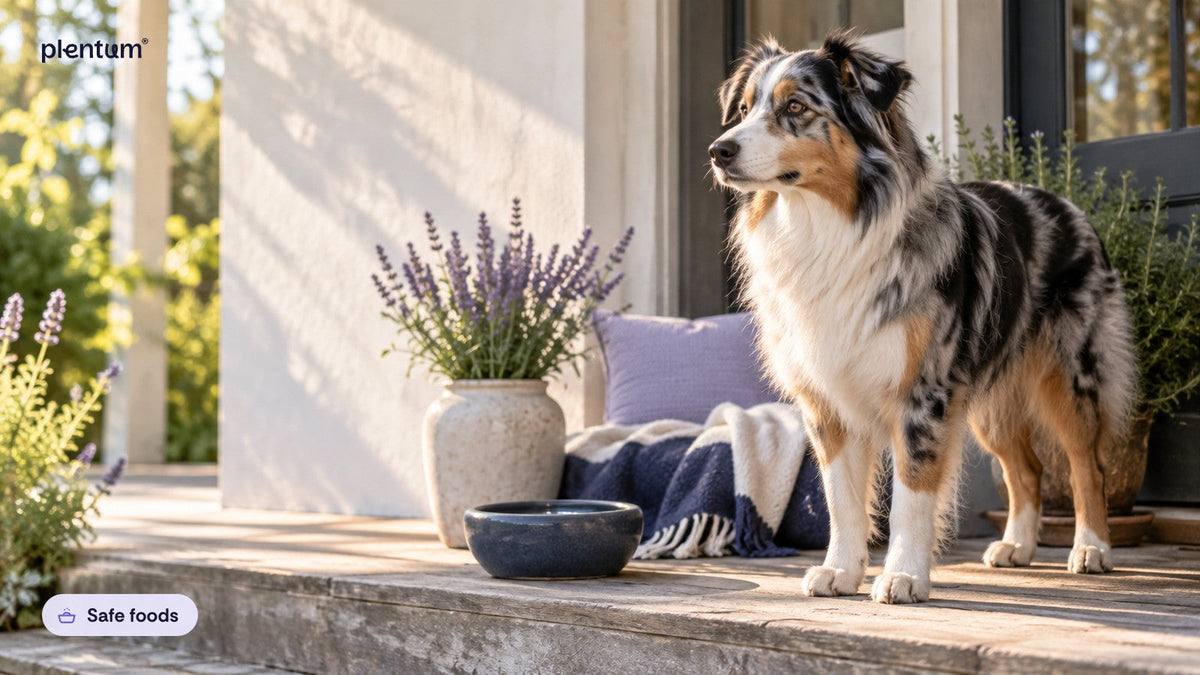 Australian shepherd standing on a sunny porch step beside a lavender vase and an empty ceramic bowl