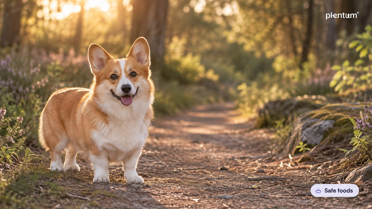 Pembroke corgi standing calmly on a sunlit woodland trail at golden hour