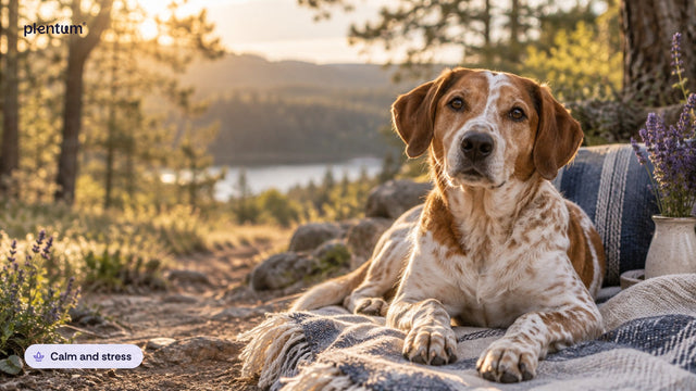 Spotted rust-and-white mixed-breed dog lying calm on a woodland trail at golden hour beside lavender