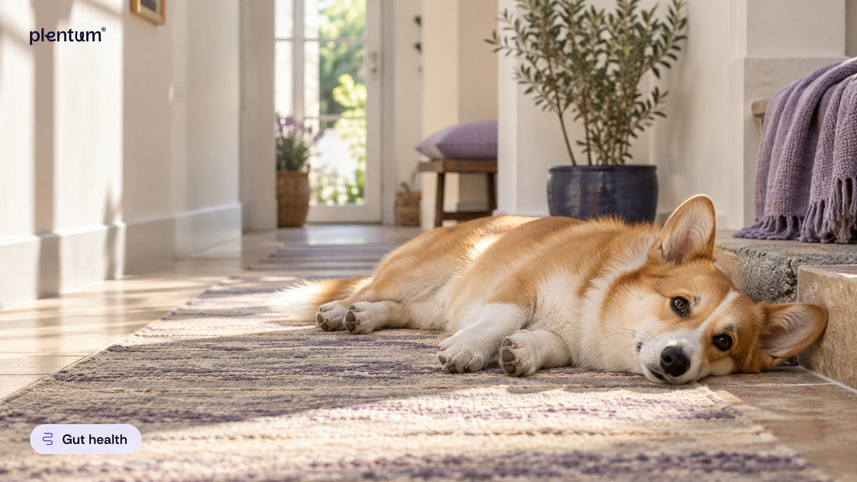 Pembroke corgi lying flat on a runner rug in a sunlit hallway, head resting by a stone step