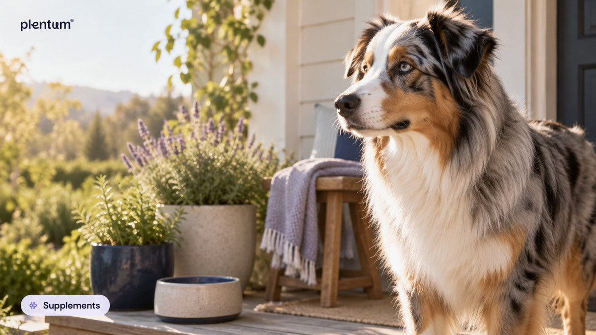 Australian shepherd standing in profile on a sunny porch beside lavender planters and a water bowl