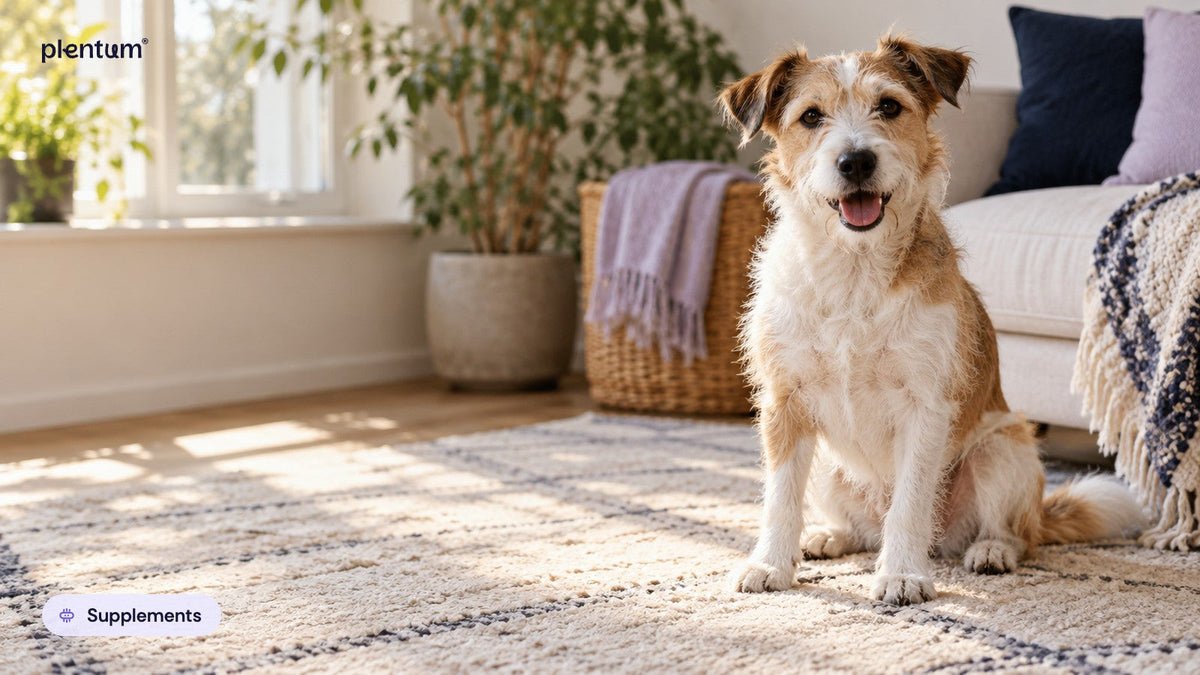 Mixed-breed terrier sitting on a sunlit living-room rug beside a potted plant and a lavender throw