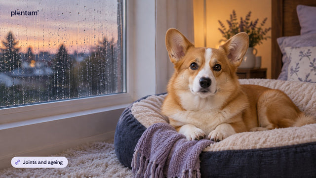 Corgi resting calmly on a navy dog bed by a rain-streaked window at dusk with a lavender throw