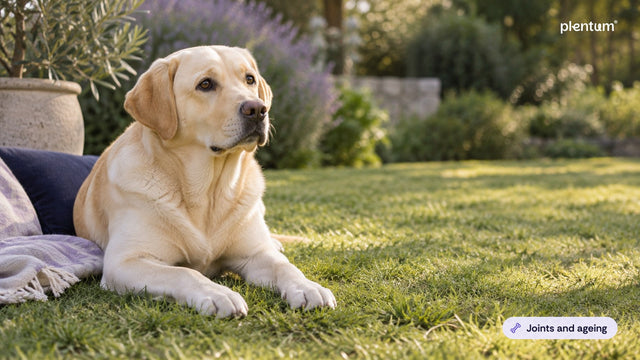 Labrador retriever lying on a sunlit garden lawn beside a linen throw and a potted olive plant