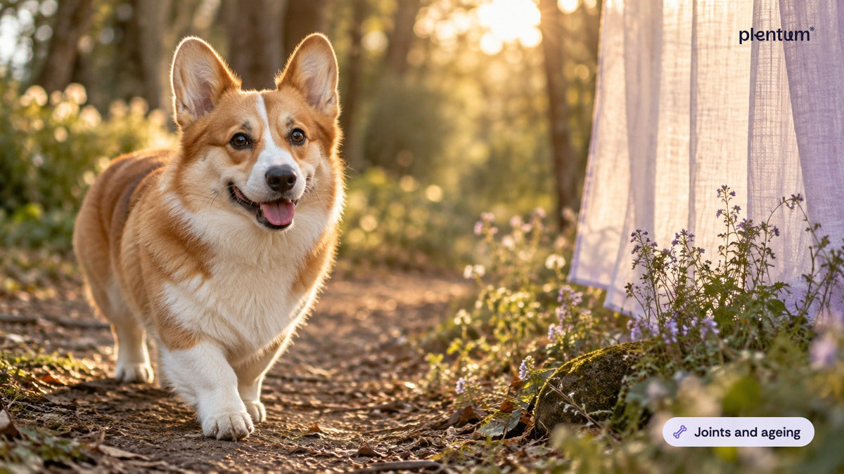Pembroke corgi trotting along a sunlit woodland trail beside a sheer lavender curtain and wildflowers