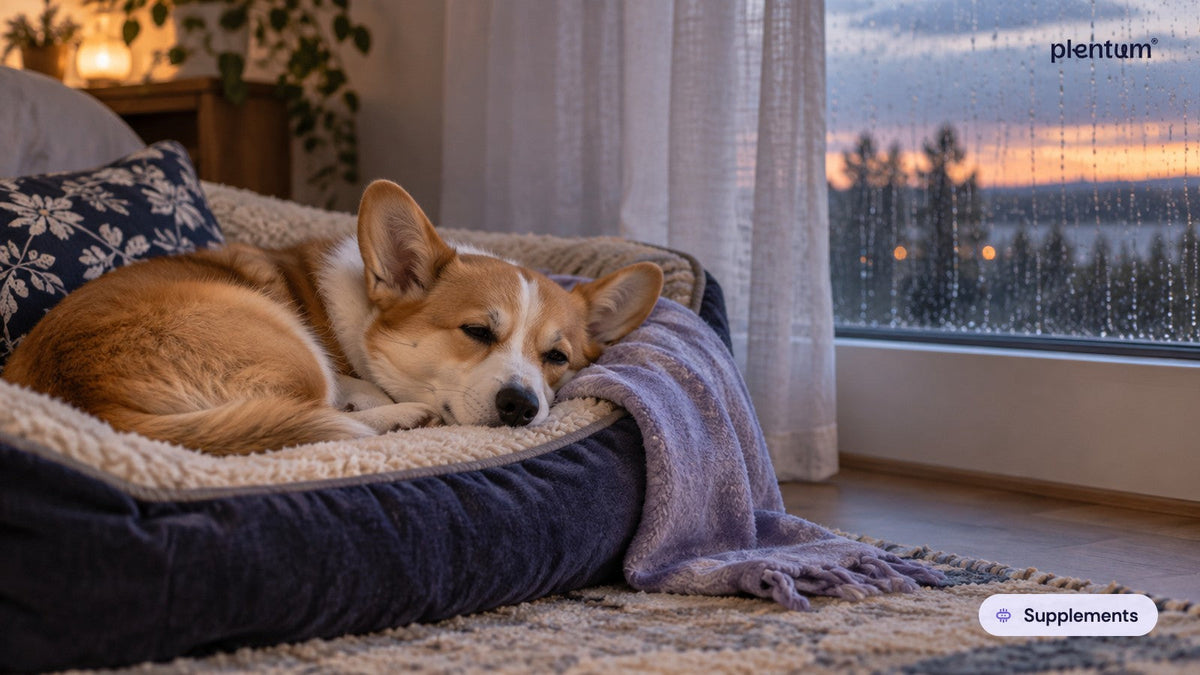Pembroke corgi dozing curled up in a navy dog bed by a rain-streaked window at dusk