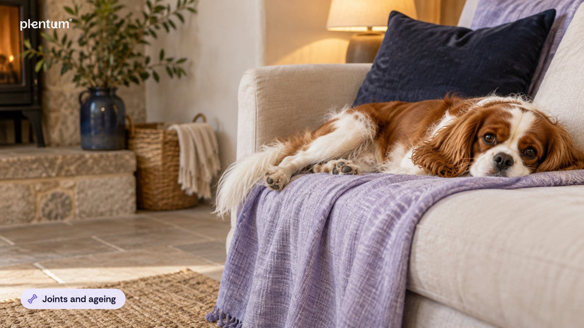 Cavalier King Charles spaniel stretched out on a sofa under a lavender throw by warm lamplight