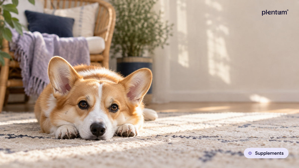 Pembroke corgi lying on a sunlit living-room rug with its head resting on its paws, calm and relaxed