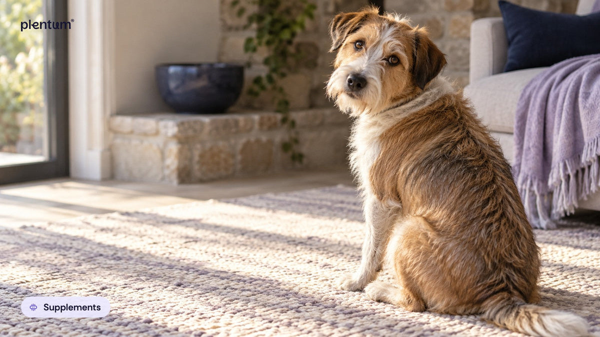 Mixed-breed terrier sitting on a sunlit living-room rug, head tilted and looking back calmly beside a stone wall